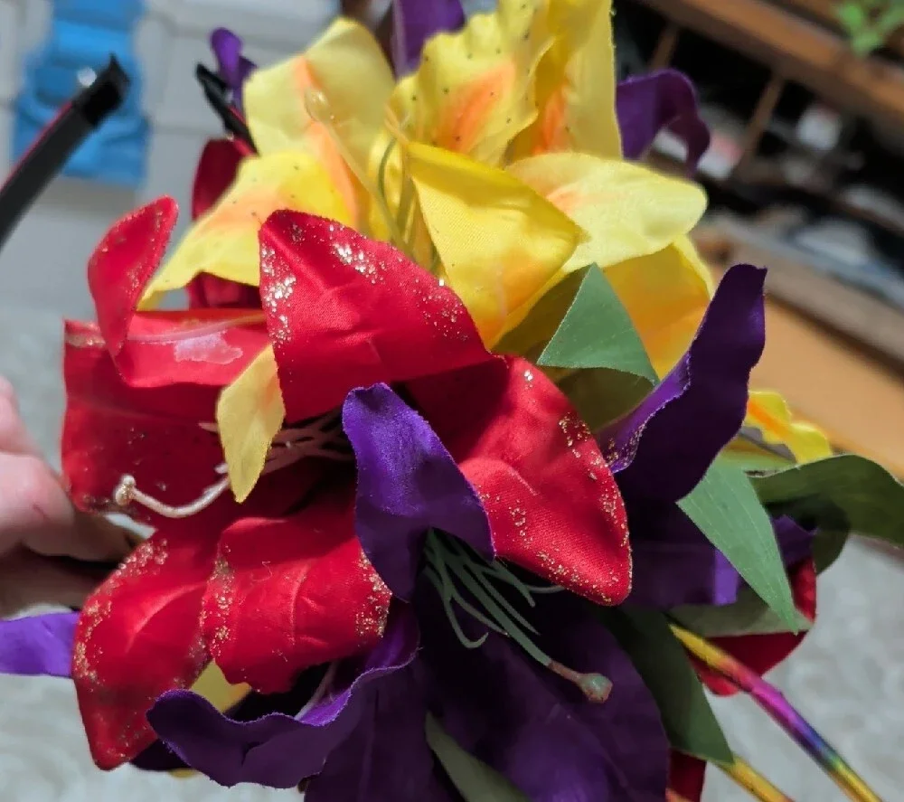 Festive Multicolor Faux Floral Headband with Red, Yellow & Purple Blooms